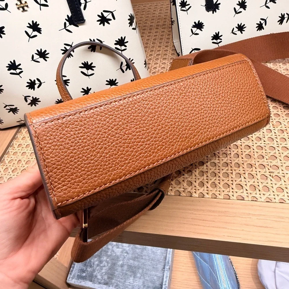 NWT！NEW! Tory Burch Blake Pebbled Leather Mini Top Handle Tote Crossbody-Tan